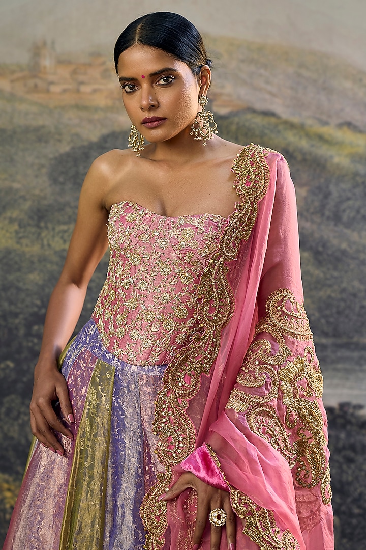 Multi-Colored Tissue Zari Embroidered Paneled Bridal Lehenga Set by ITRH at Pernia's Pop Up Shop