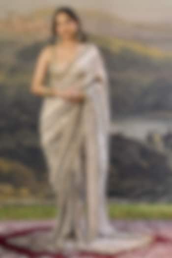 Ivory & Grey Tissue Hand Embroidered Pre-Draped Paneled Reception Saree Set by ITRH at Pernia's Pop Up Shop