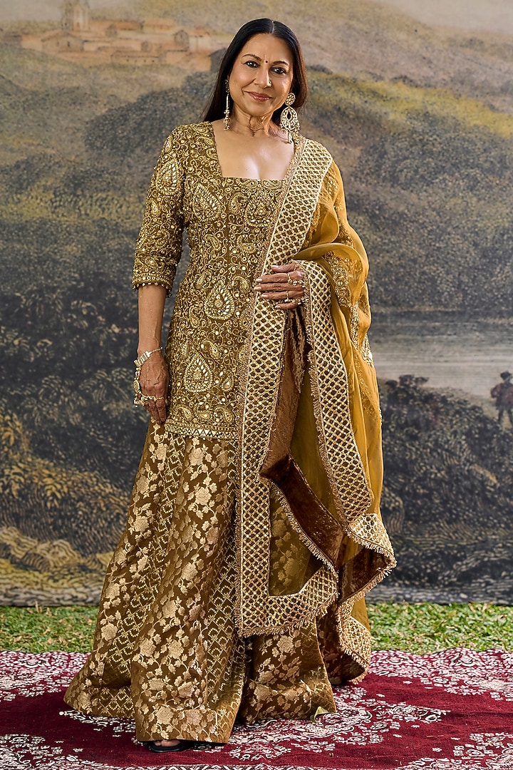 Brown Silk Brocade Zari Embroidered Bridal Sharara Set by ITRH at Pernia's Pop Up Shop