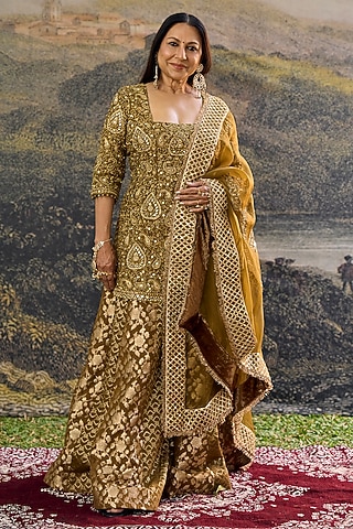 Brown Silk Brocade Zari Embroidered Sharara Set by ITRH