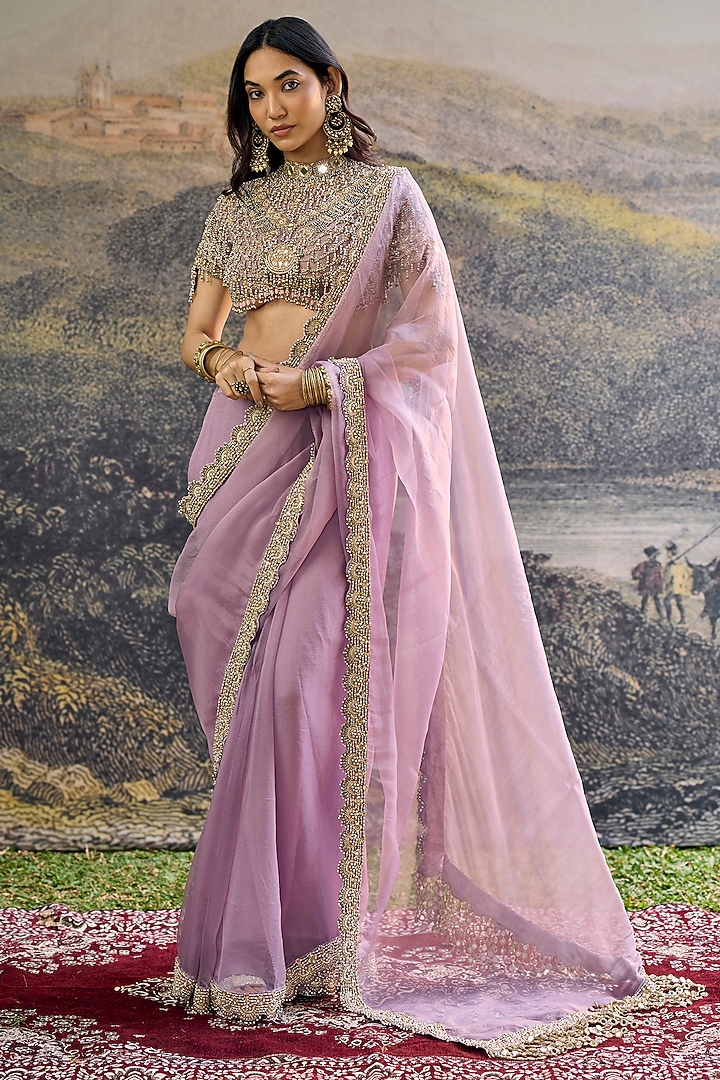 Lilac Organza Jadau Embroidered Bridal Saree Set by ITRH at Pernia's Pop Up Shop
