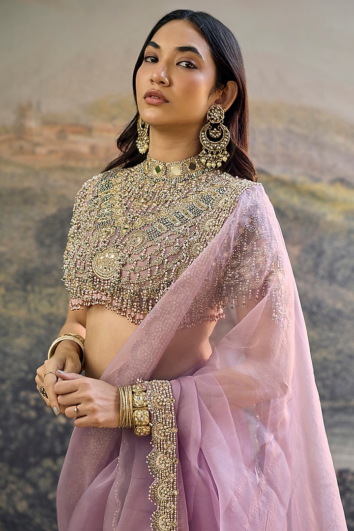Lilac Organza Jadau Embroidered Bridal Saree Set by ITRH at Pernia's Pop Up Shop
