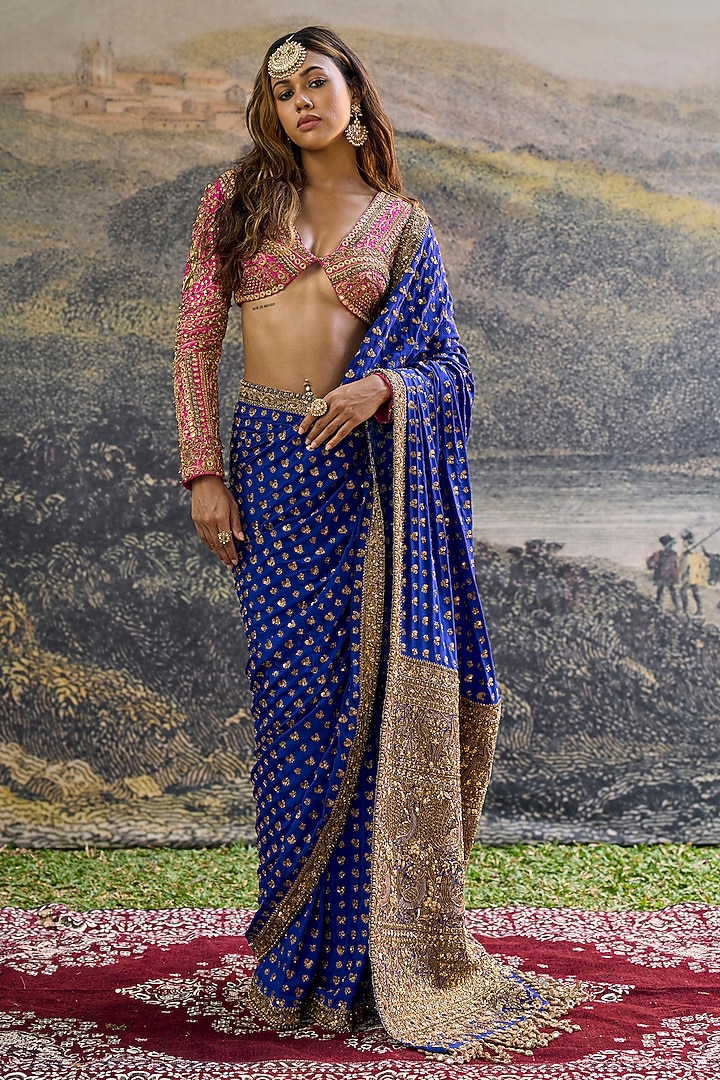 Blue Crepe Zari Work Bridal Saree Set by ITRH at Pernia's Pop Up Shop