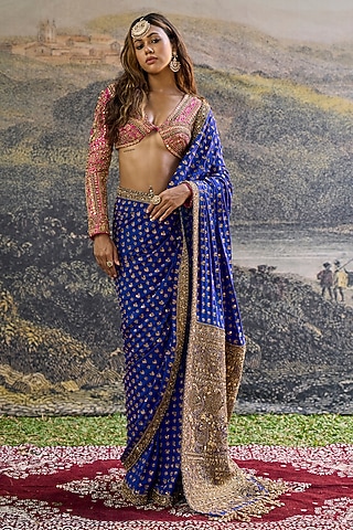 Blue Crepe Zari Work Saree Set by ITRH