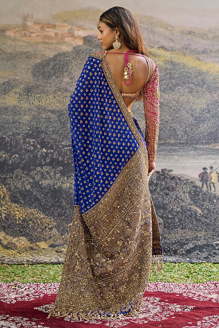 Blue Crepe Zari Work Bridal Saree Set by ITRH at Pernia's Pop Up Shop