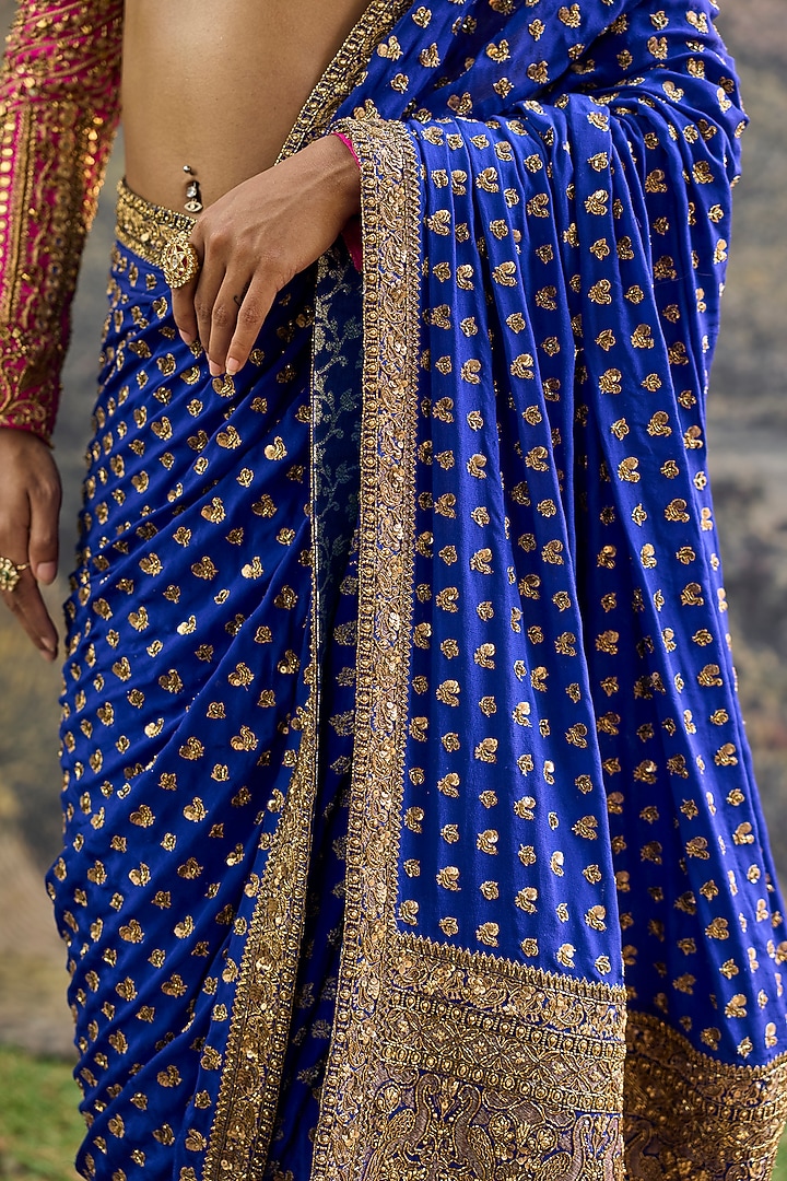 Blue Crepe Zari Work Bridal Saree Set by ITRH at Pernia's Pop Up Shop
