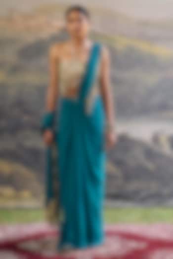 Teal Georgette Mirror Embroidered Pre-Draped Reception Saree Set by ITRH at Pernia's Pop Up Shop