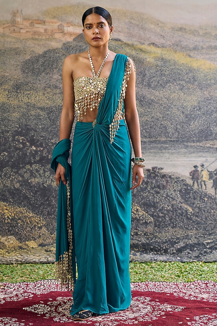 Teal Georgette Mirror Embroidered Pre-Draped Reception Saree Set by ITRH at Pernia's Pop Up Shop