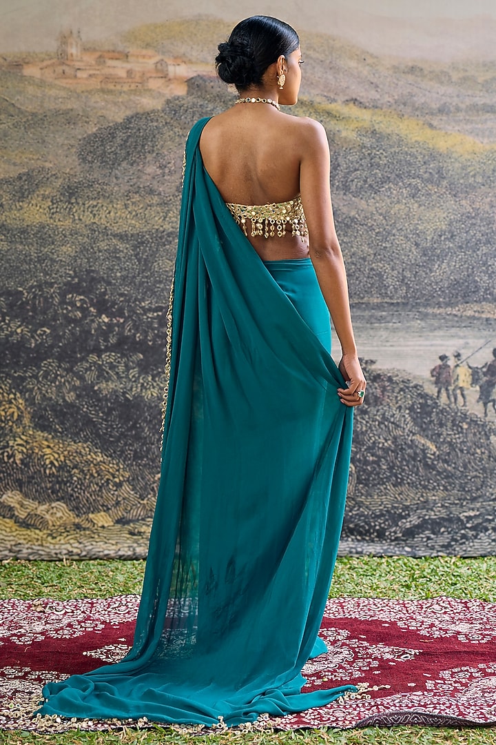 Teal Georgette Mirror Embroidered Pre-Draped Reception Saree Set by ITRH at Pernia's Pop Up Shop