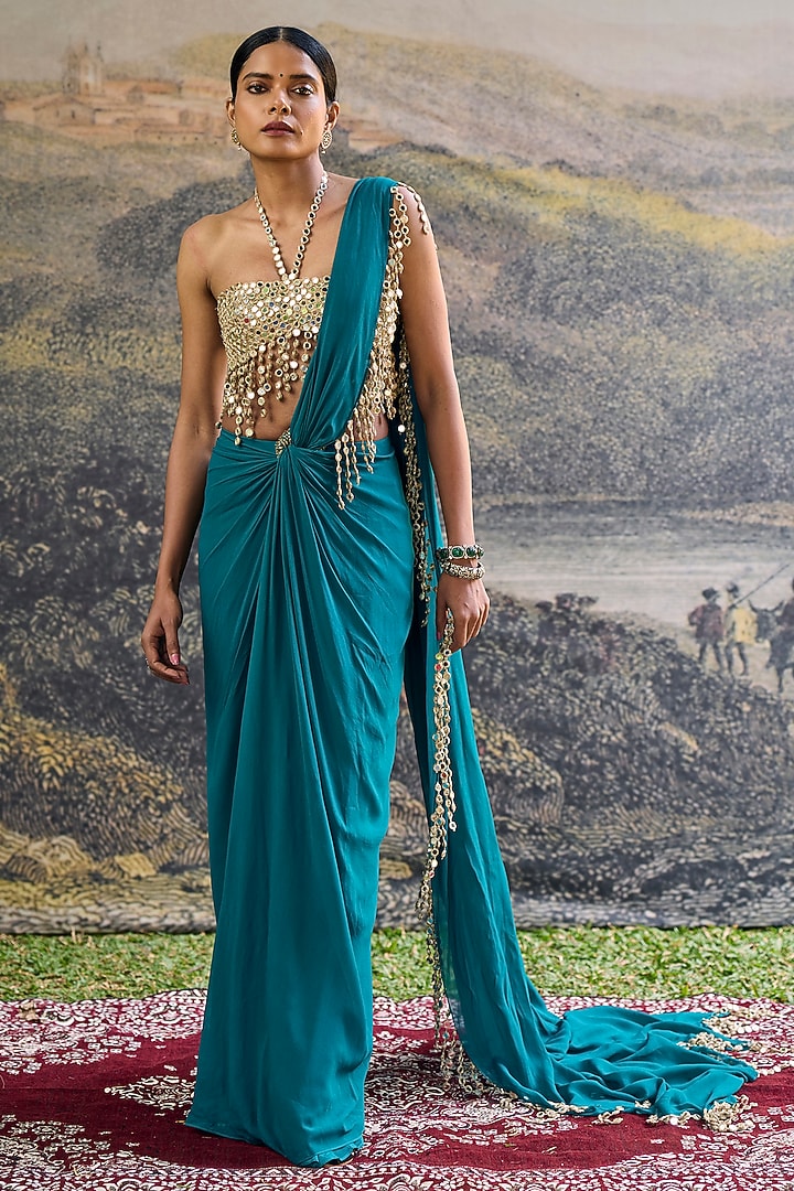 Teal Georgette Mirror Embroidered Pre-Draped Reception Saree Set by ITRH at Pernia's Pop Up Shop