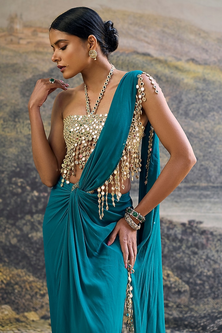 Teal Georgette Mirror Embroidered Pre-Draped Reception Saree Set by ITRH at Pernia's Pop Up Shop