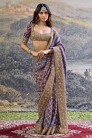 Blue & Purple Ombre Georgette Hand Embroidered Saree Set by ITRH