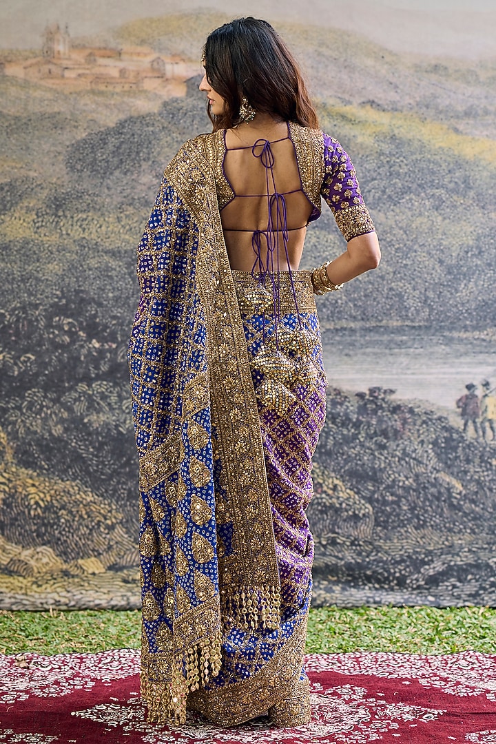 Blue & Purple Ombre Georgette Hand Embroidered Bridal Saree Set by ITRH at Pernia's Pop Up Shop