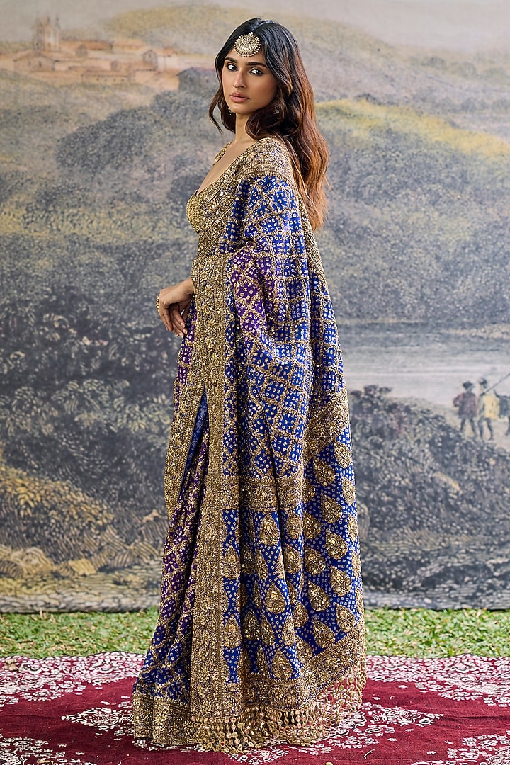 Blue & Purple Ombre Georgette Hand Embroidered Bridal Saree Set by ITRH at Pernia's Pop Up Shop