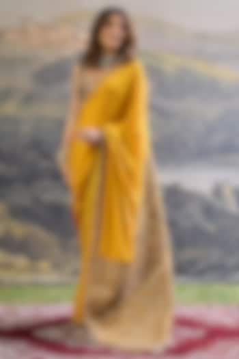 Yellow Crepe Hand Embroidered Bridal Saree Set by ITRH at Pernia's Pop Up Shop