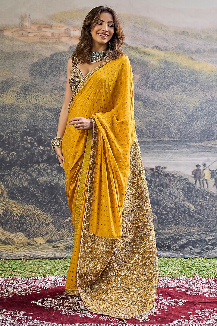 Yellow Crepe Hand Embroidered Bridal Saree Set by ITRH at Pernia's Pop Up Shop