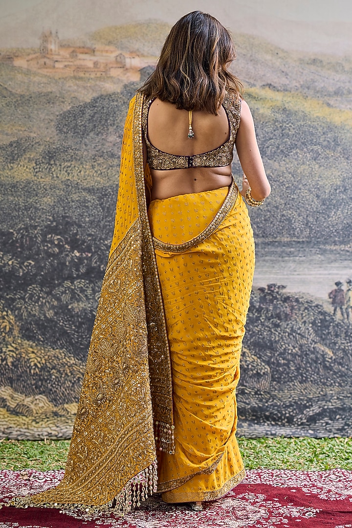 Yellow Crepe Hand Embroidered Bridal Saree Set by ITRH at Pernia's Pop Up Shop