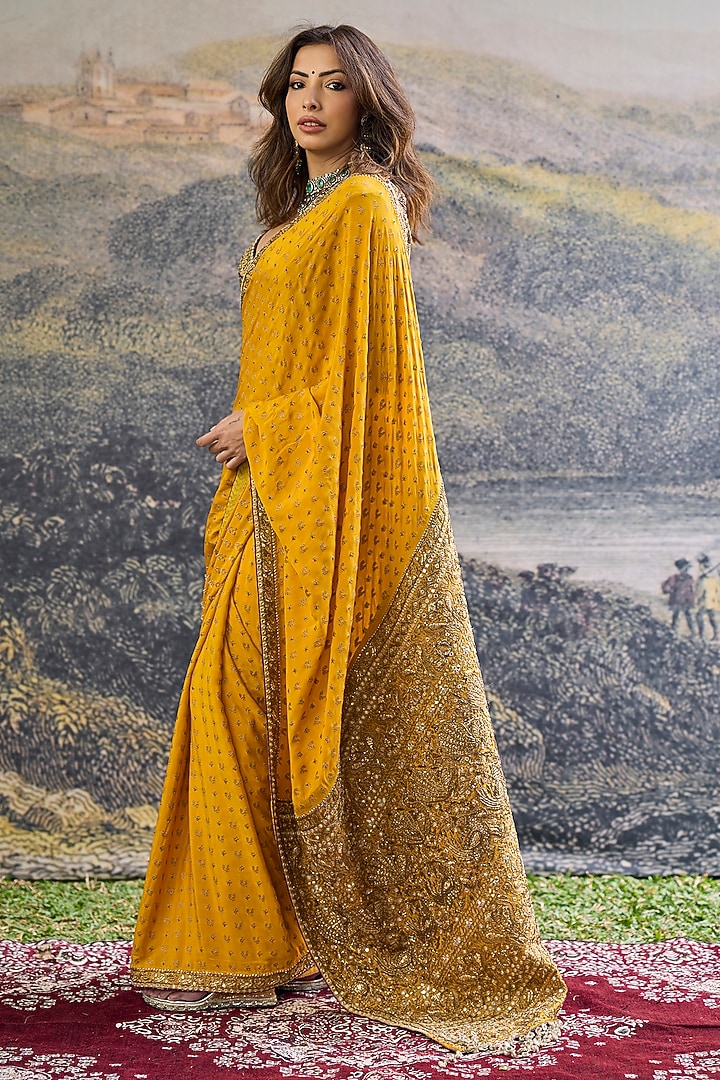 Yellow Crepe Hand Embroidered Bridal Saree Set by ITRH at Pernia's Pop Up Shop