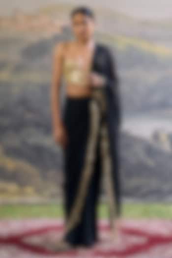 Black Georgette Mirror Embroidered Pre-Draped Reception Saree Set by ITRH at Pernia's Pop Up Shop