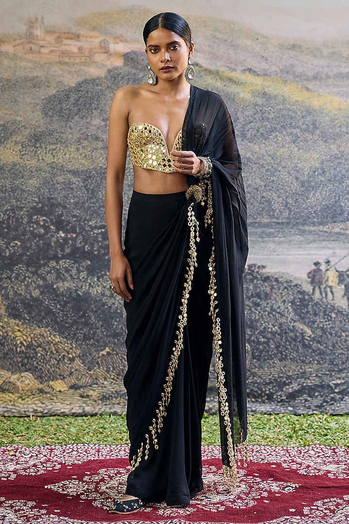 Black Georgette Mirror Embroidered Pre-Draped Reception Saree Set by ITRH at Pernia's Pop Up Shop
