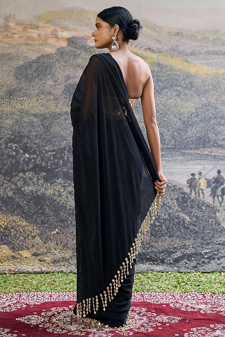 Black Georgette Mirror Embroidered Pre-Draped Reception Saree Set by ITRH at Pernia's Pop Up Shop