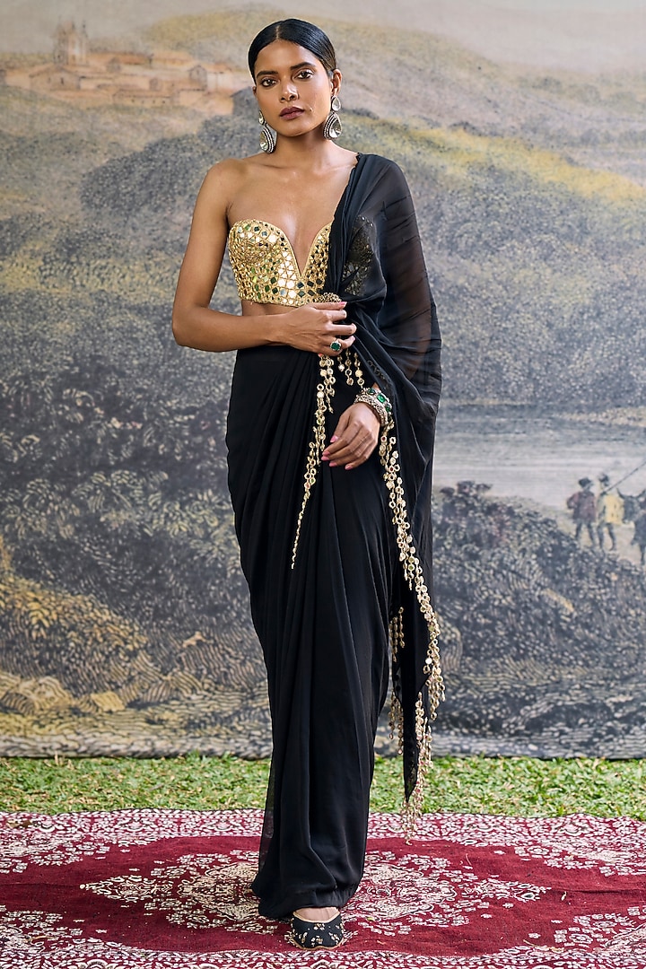 Black Georgette Mirror Embroidered Pre-Draped Reception Saree Set by ITRH at Pernia's Pop Up Shop