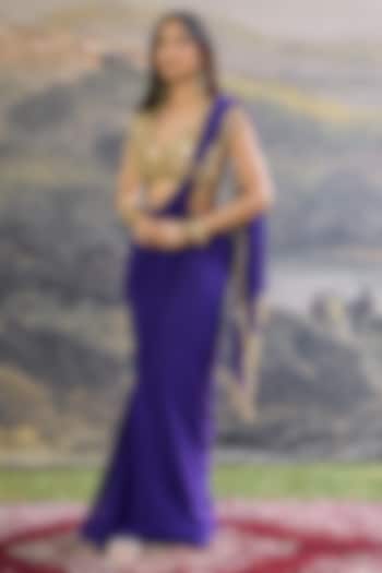 Purple Georgette Mirror Embroidered Pre-Draped Reception Saree Set by ITRH at Pernia's Pop Up Shop