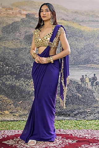 Purple Georgette Mirror Embroidered Pre-Draped Saree Set by ITRH