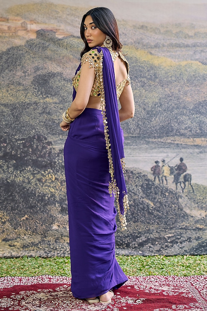 Purple Georgette Mirror Embroidered Pre-Draped Reception Saree Set by ITRH at Pernia's Pop Up Shop