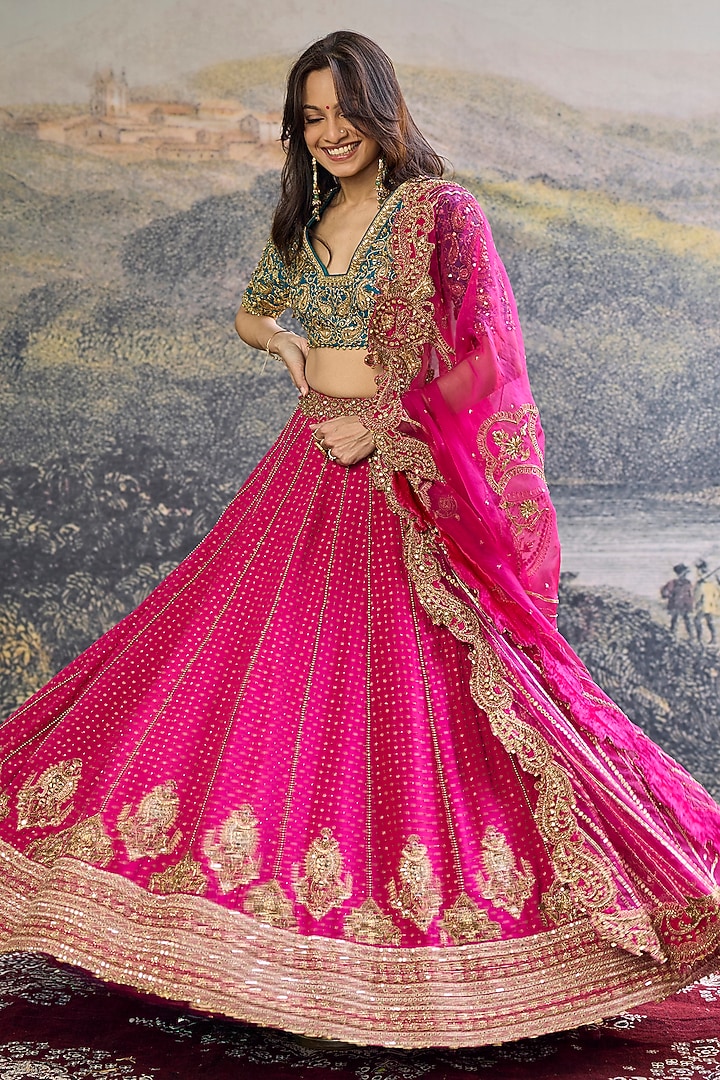 Fuchsia Pink Crepe Embroidered Bridal Lehenga Set by ITRH at Pernia's Pop Up Shop
