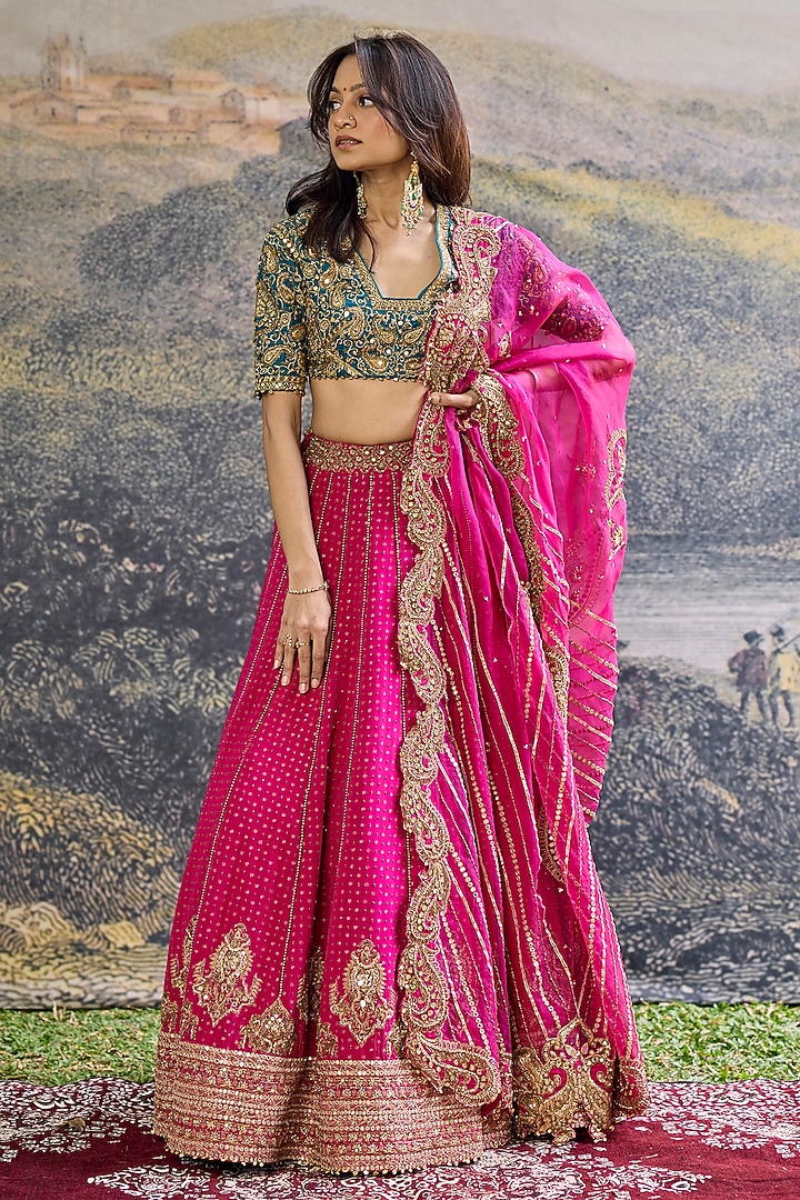 Fuchsia Pink Crepe Embroidered Bridal Lehenga Set by ITRH at Pernia's Pop Up Shop