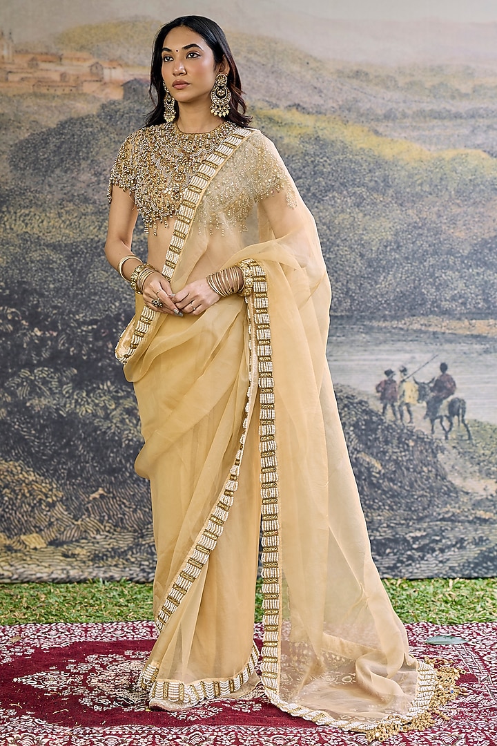 Butter Yellow Organza Embroidered Bridal Saree Set by ITRH at Pernia's Pop Up Shop