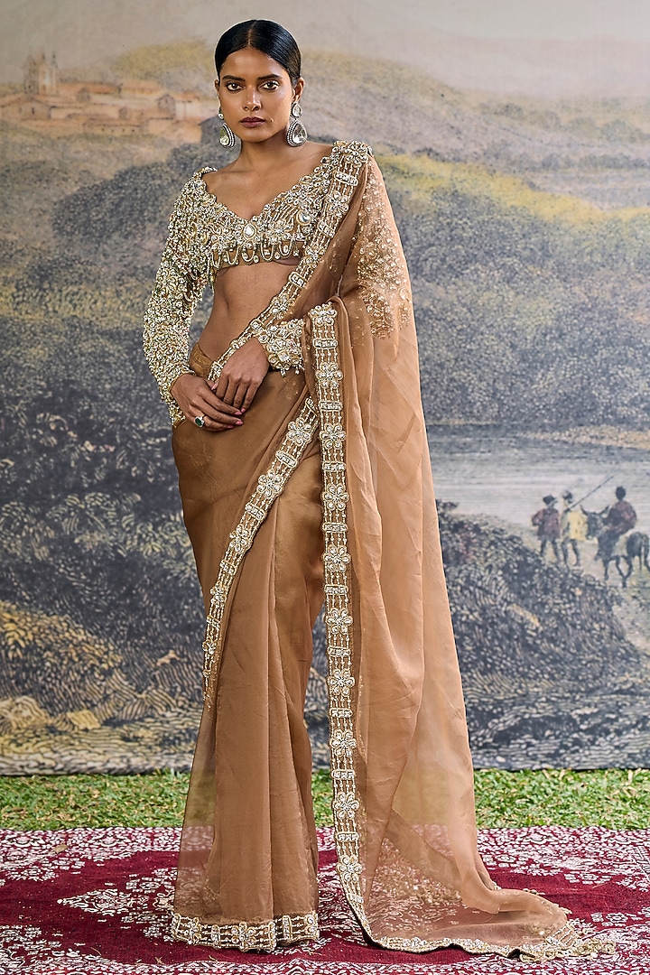 Brown Organza Jadau Embroidered Bridal Saree Set by ITRH at Pernia's Pop Up Shop