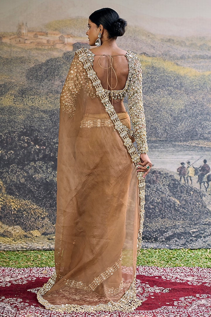 Brown Organza Jadau Embroidered Bridal Saree Set by ITRH at Pernia's Pop Up Shop