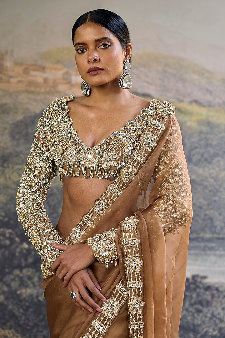 Brown Organza Jadau Embroidered Bridal Saree Set by ITRH at Pernia's Pop Up Shop