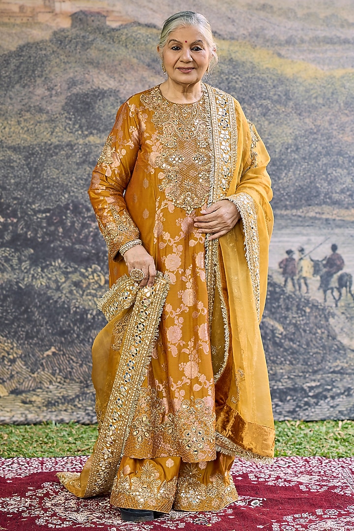 Mustard Brocade Embroidered Bridal Sharara Set by ITRH at Pernia's Pop Up Shop