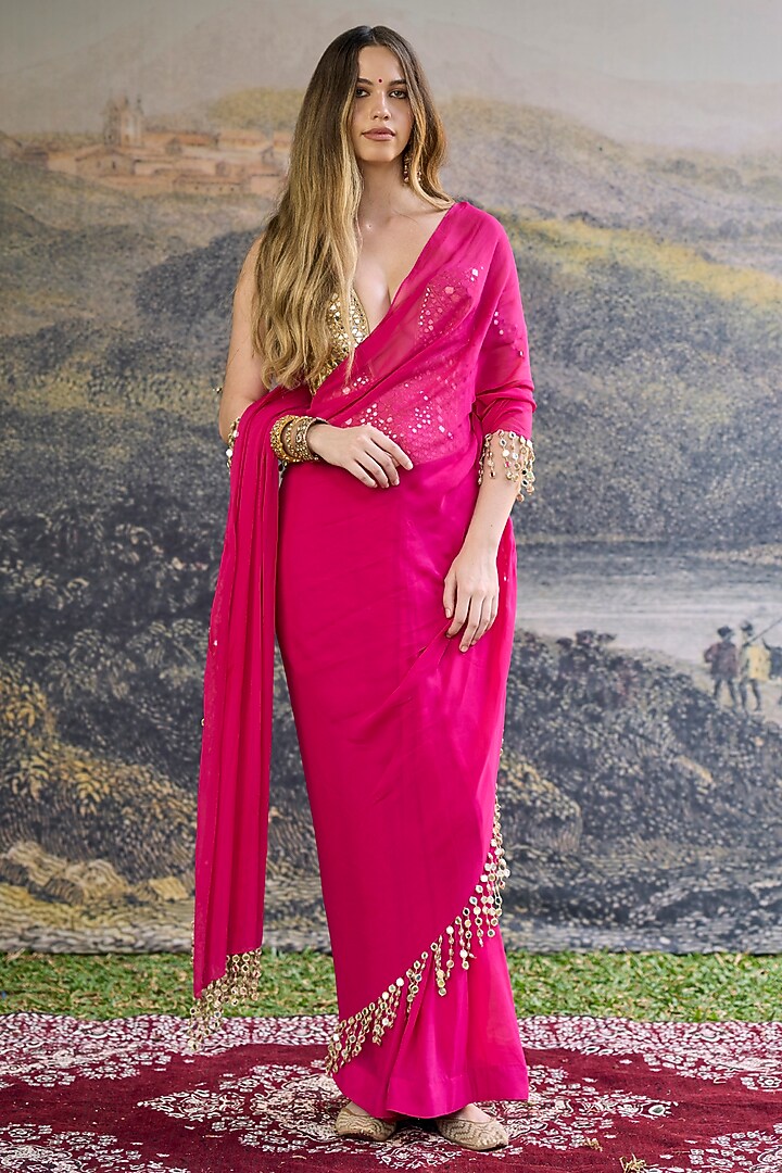 Fuchsia Pink Georgette Mirror Embroidered Pre-Draped Reception Saree Set by ITRH at Pernia's Pop Up Shop