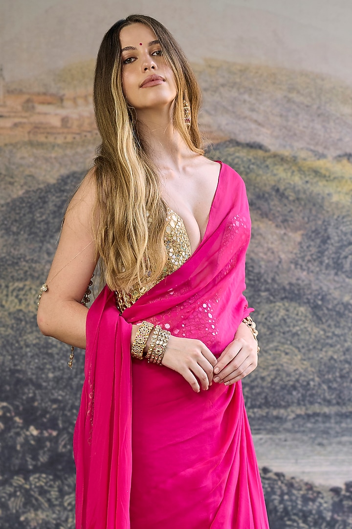 Fuchsia Pink Georgette Mirror Embroidered Pre-Draped Reception Saree Set by ITRH at Pernia's Pop Up Shop