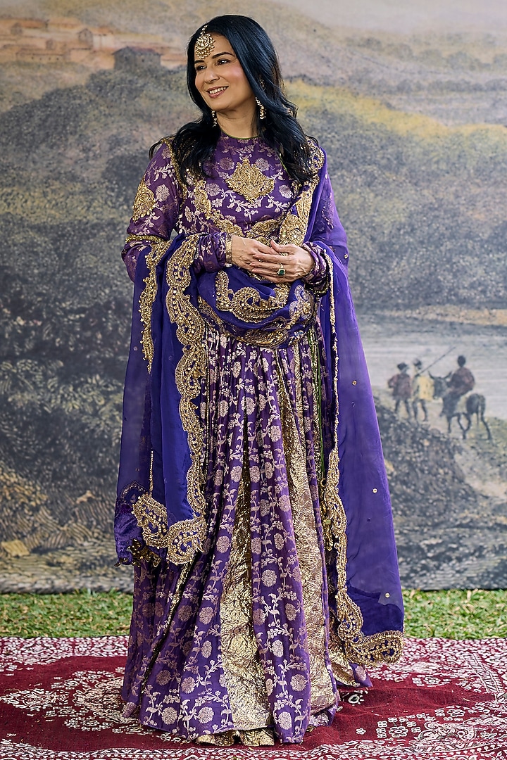 Purple Brocade Embellished Angrakha Bridal Anarkali Set by ITRH at Pernia's Pop Up Shop