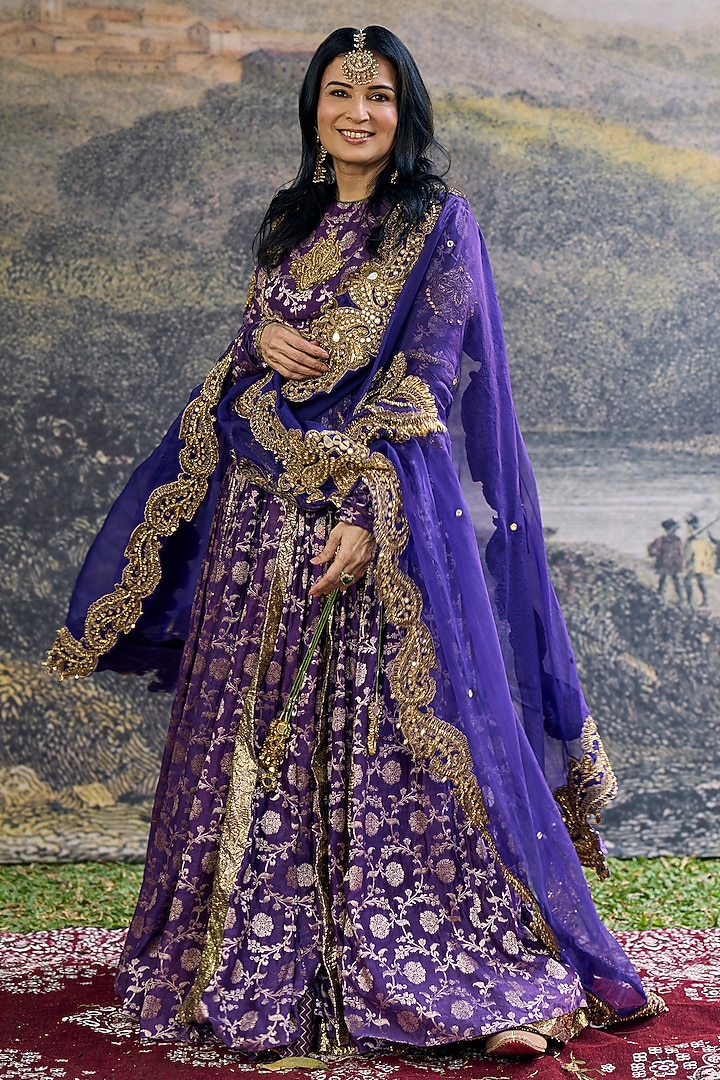 Purple Brocade Embellished Angrakha Bridal Anarkali Set by ITRH at Pernia's Pop Up Shop