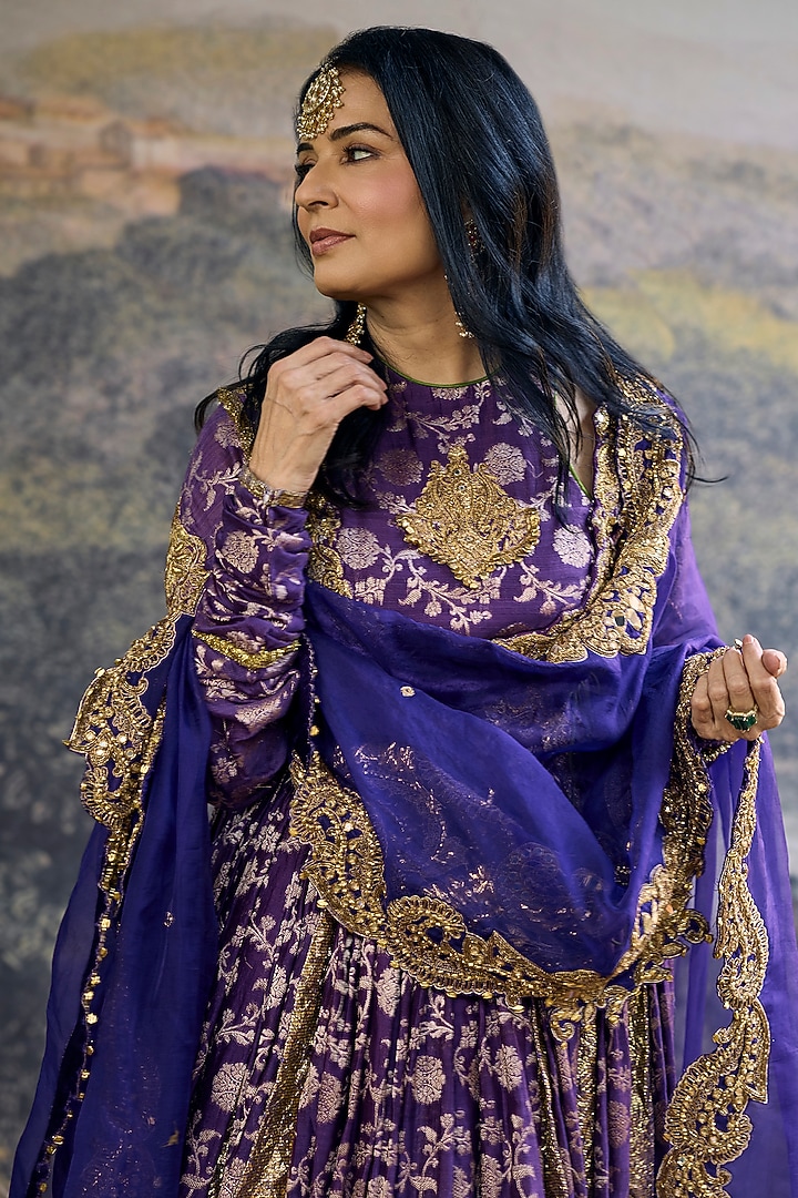 Purple Brocade Embellished Angrakha Bridal Anarkali Set by ITRH at Pernia's Pop Up Shop
