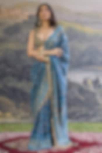 Blue Raw Silk & Net Jamawar Embroidered Bridal Saree Set by ITRH at Pernia's Pop Up Shop