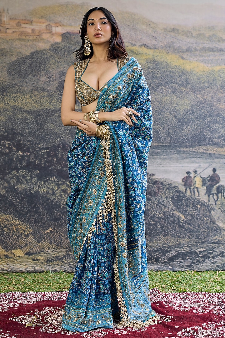 Blue Raw Silk & Net Jamawar Embroidered Bridal Saree Set by ITRH at Pernia's Pop Up Shop