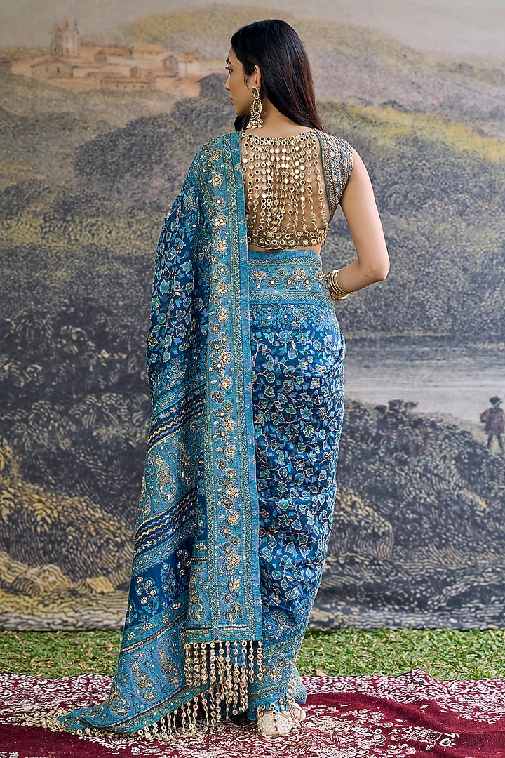 Blue Raw Silk & Net Jamawar Embroidered Bridal Saree Set by ITRH at Pernia's Pop Up Shop