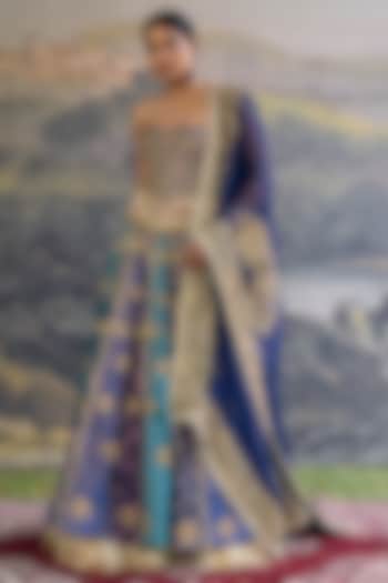 Blue Brocade Embroidered Paneled Bridal Lehenga Set by ITRH at Pernia's Pop Up Shop