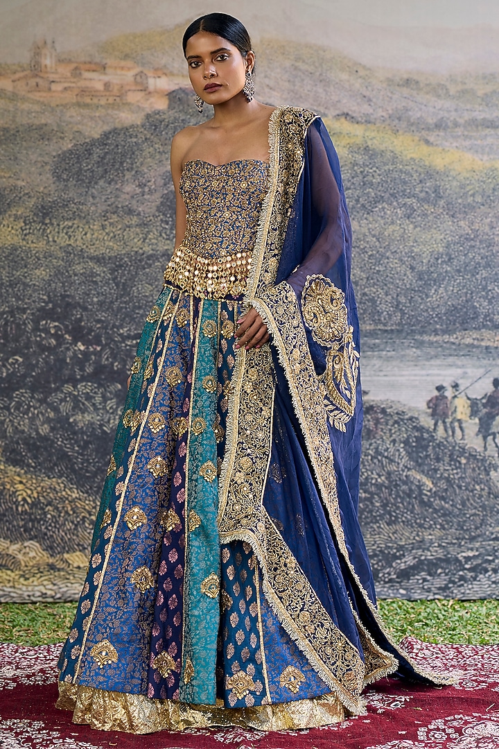 Blue Brocade Embroidered Paneled Bridal Lehenga Set by ITRH at Pernia's Pop Up Shop