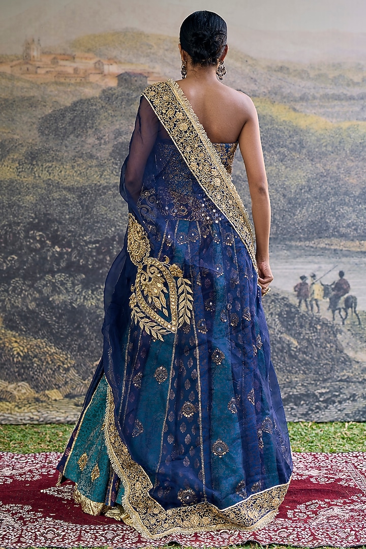 Blue Brocade Embroidered Paneled Bridal Lehenga Set by ITRH at Pernia's Pop Up Shop