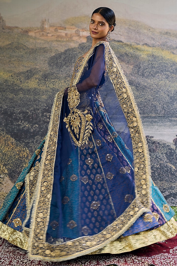 Blue Brocade Embroidered Paneled Bridal Lehenga Set by ITRH at Pernia's Pop Up Shop
