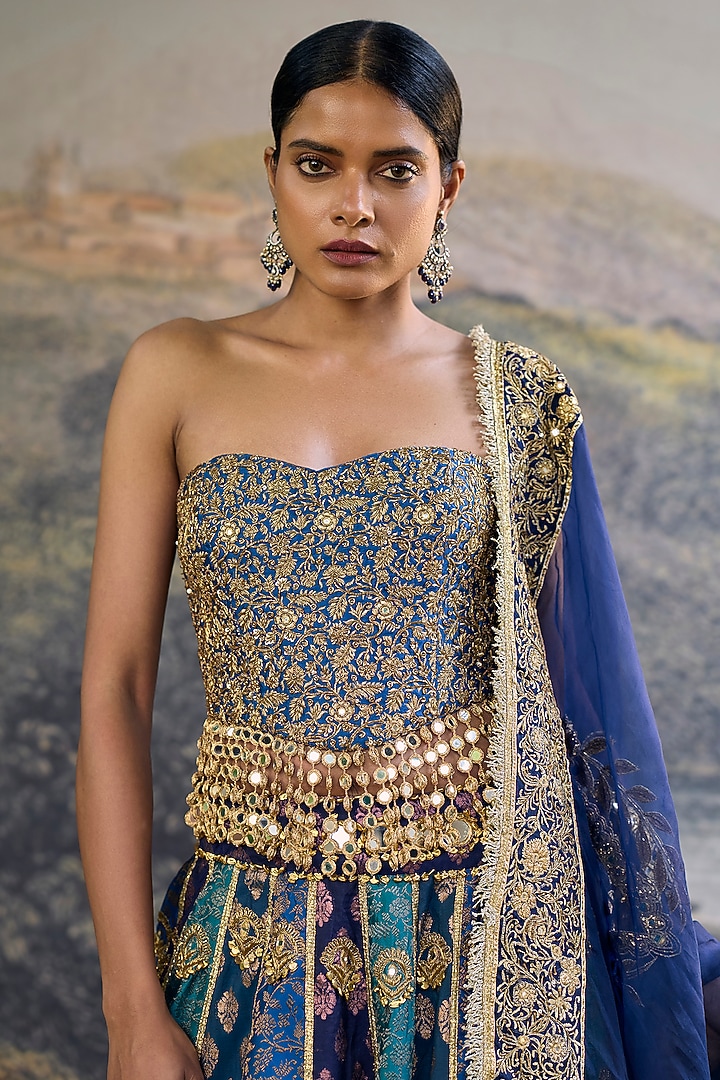 Blue Brocade Embroidered Paneled Bridal Lehenga Set by ITRH at Pernia's Pop Up Shop