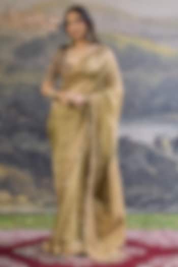 Olive Tissue Hand Embroidered Bridal Saree Set by ITRH at Pernia's Pop Up Shop